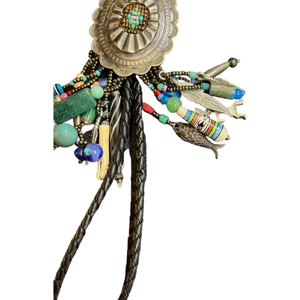 Vintage Leather Bolo Tie Southwestern Beads Gemstone Beads Multi-strand - Picture 14 of 16